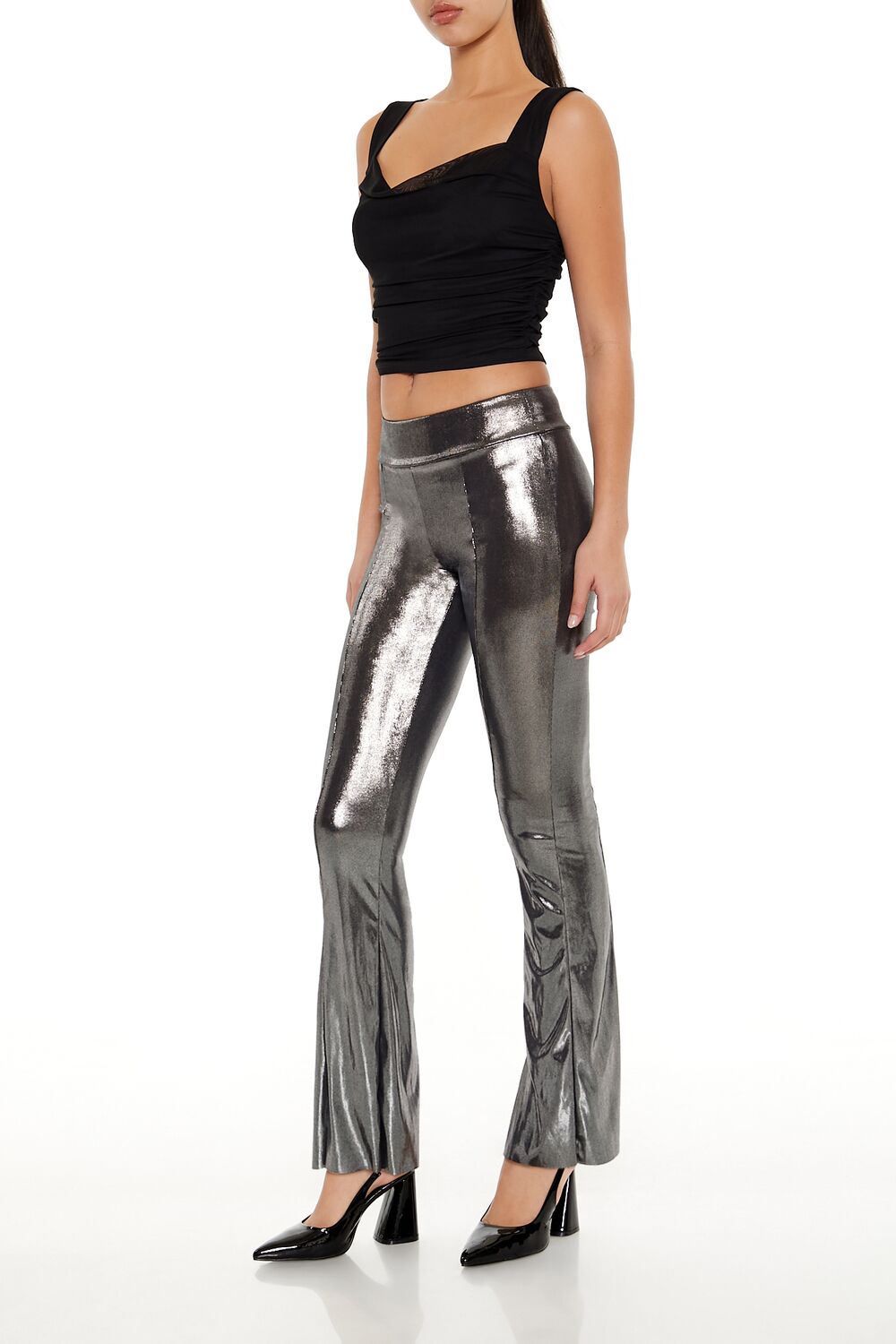  Forever 21 Metallic Mid-Rise Flare Leggings - silver - Bonton