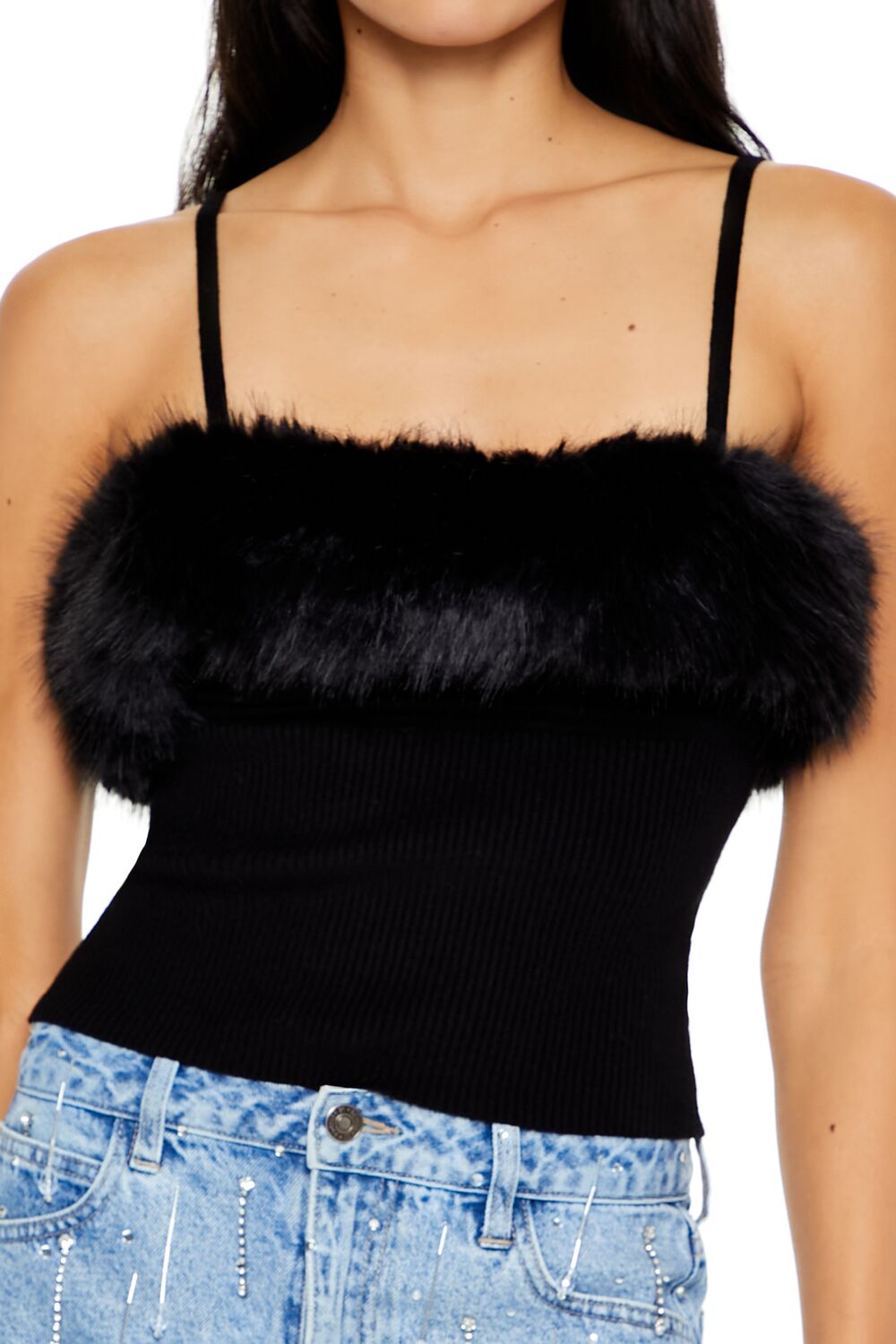  Forever 21 Faux Fur-Trim Sweater-Knit Cami - black - Bonton