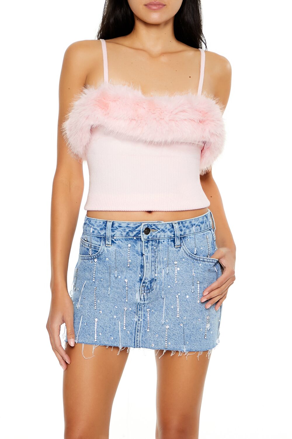  Forever 21 Faux Fur-Trim Sweater-Knit Cami - black - Bonton