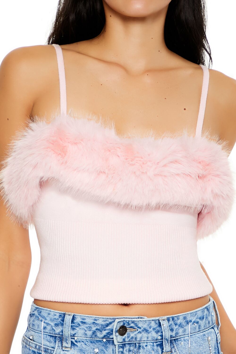  Forever 21 Faux Fur-Trim Sweater-Knit Cami - black - Bonton