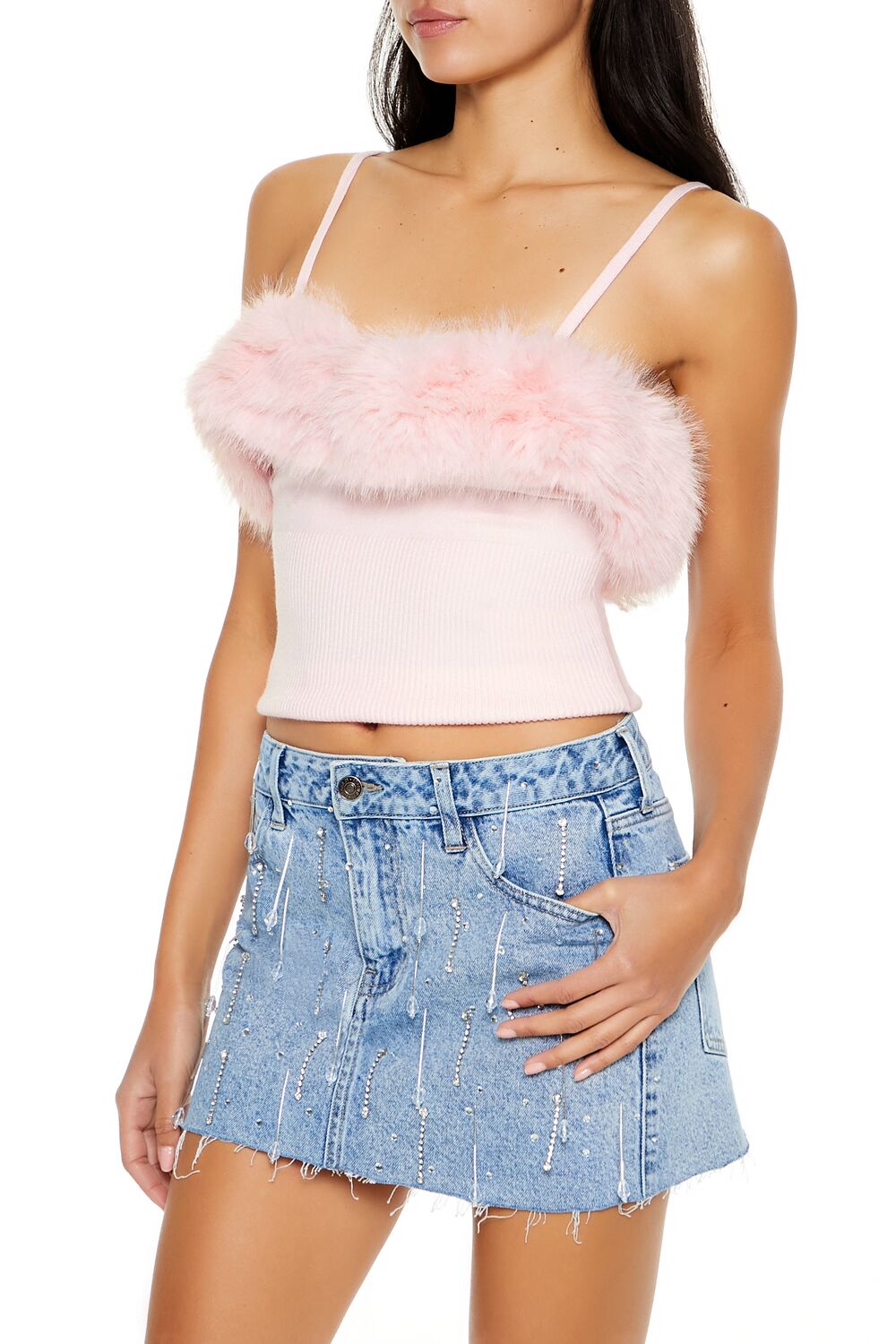  Forever 21 Faux Fur-Trim Sweater-Knit Cami - black - Bonton