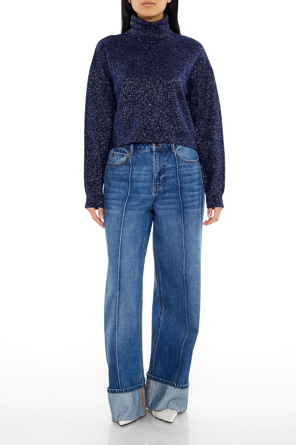  Forever 21 Glitter Knit Turtleneck Sweater - dark blue - Bonton