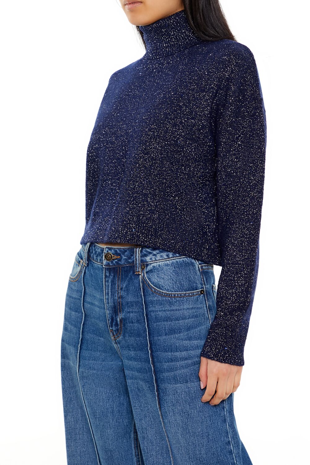  Forever 21 Glitter Knit Turtleneck Sweater - dark blue - Bonton
