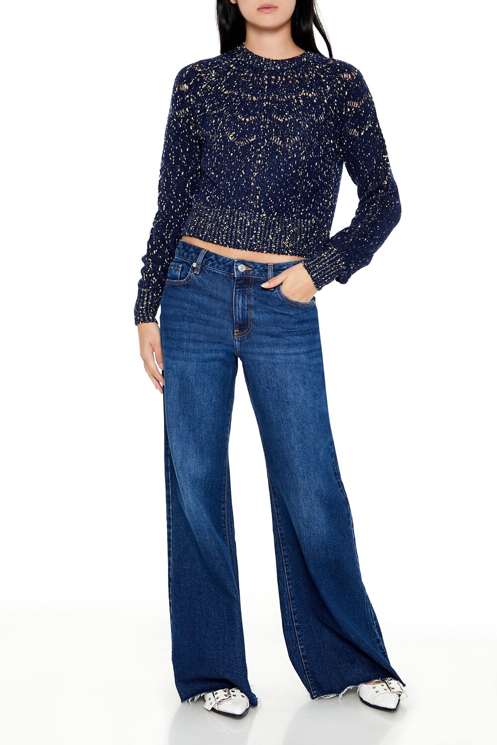  Forever 21 Metallic Pointelle Sweater - dark blue - Bonton