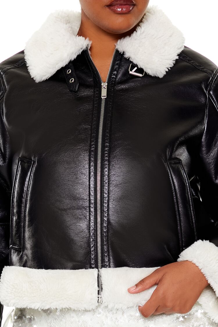  Forever 21 Plus Size Faux Shearling Aviator Jacket - black - Bonton