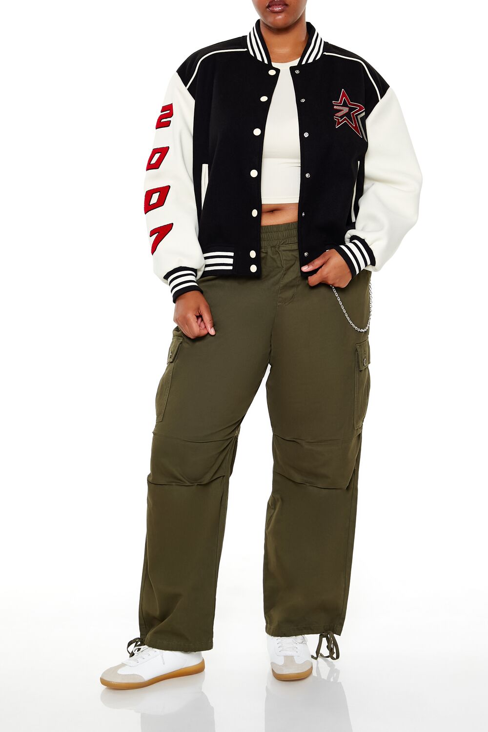  Forever 21 Plus Size Star Girl Varsity Jacket - black-multi - Bonton