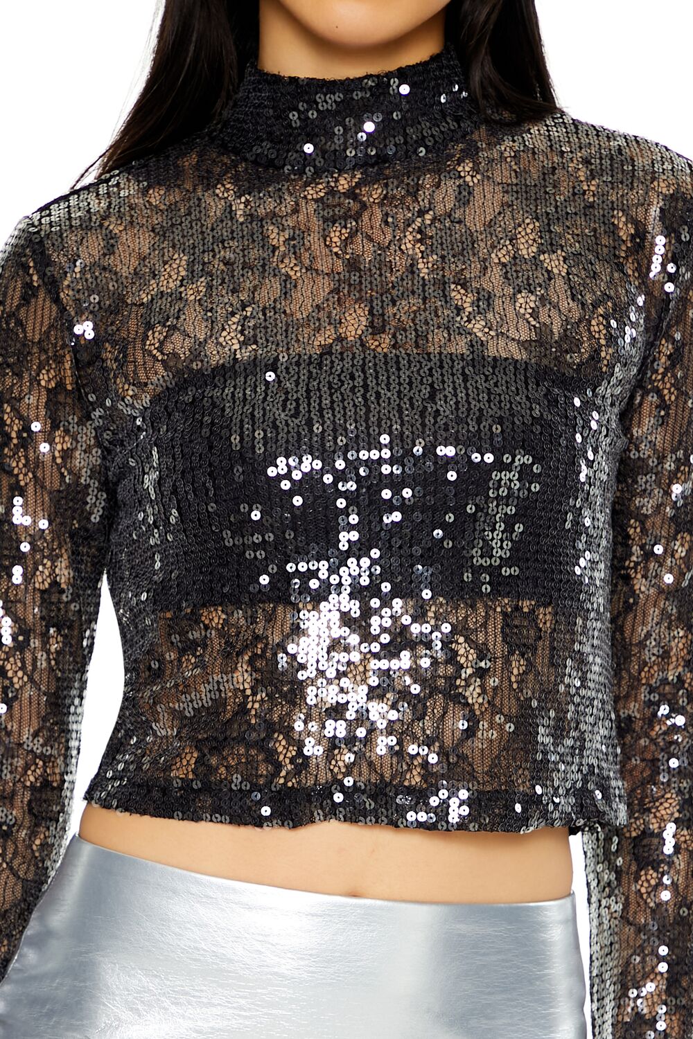  Forever 21 Sheer Lace Sequin Mock Neck Top - black - Bonton
