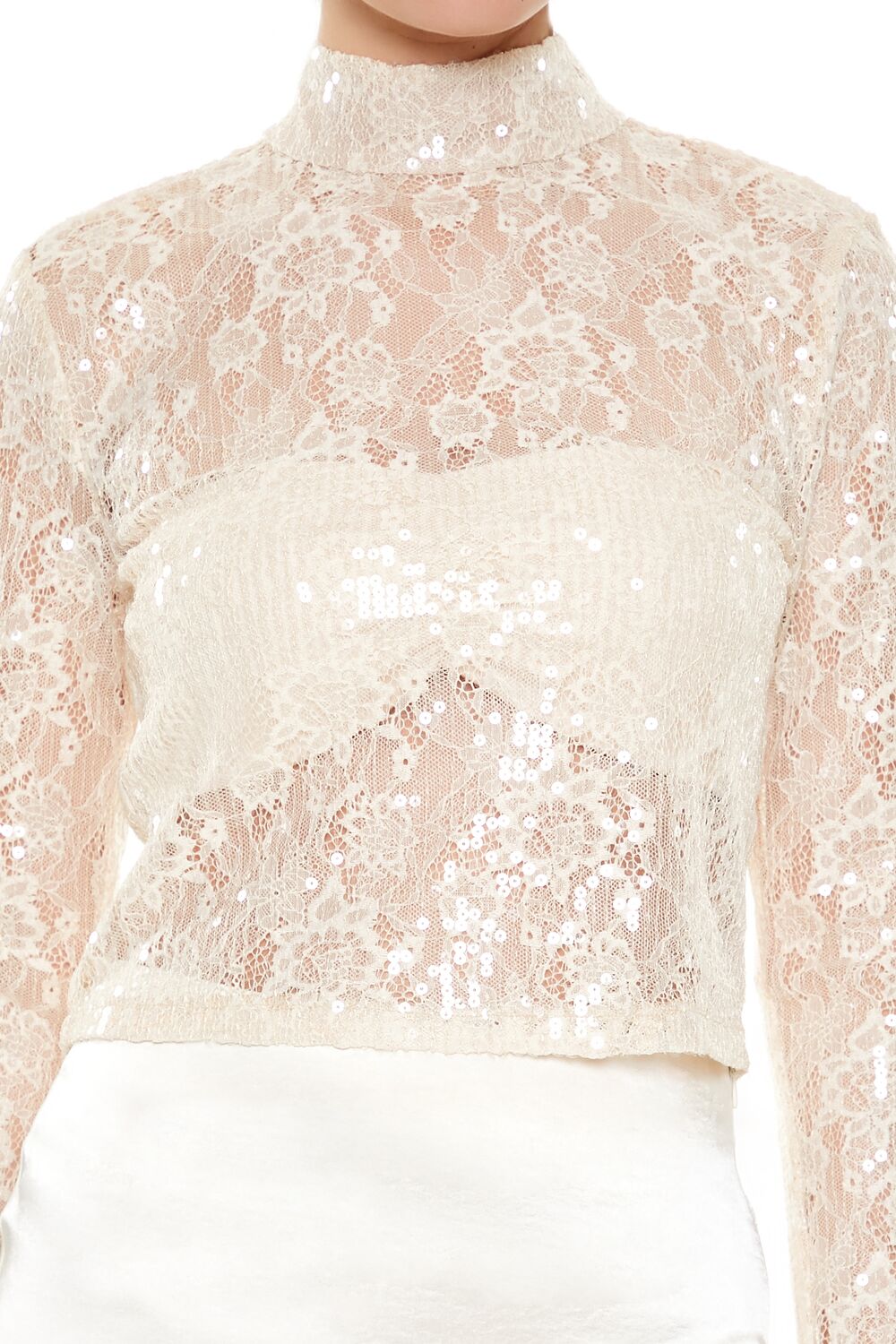  Forever 21 Sheer Lace Sequin Mock Neck Top - black - Bonton