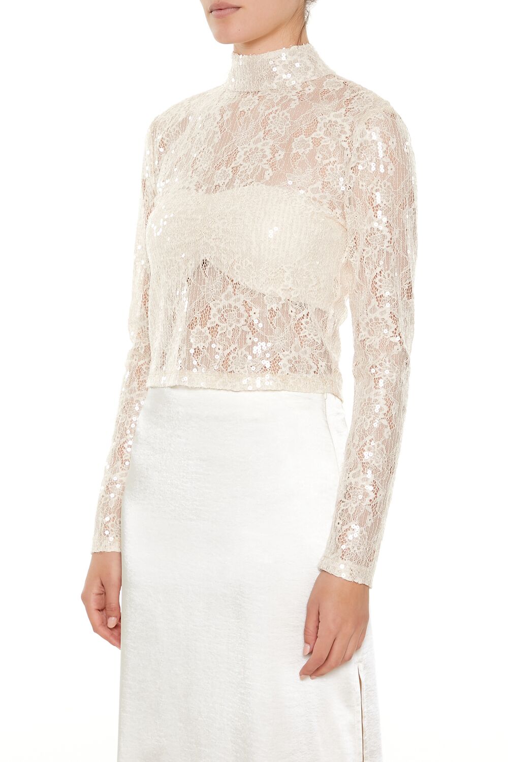  Forever 21 Sheer Lace Sequin Mock Neck Top - black - Bonton