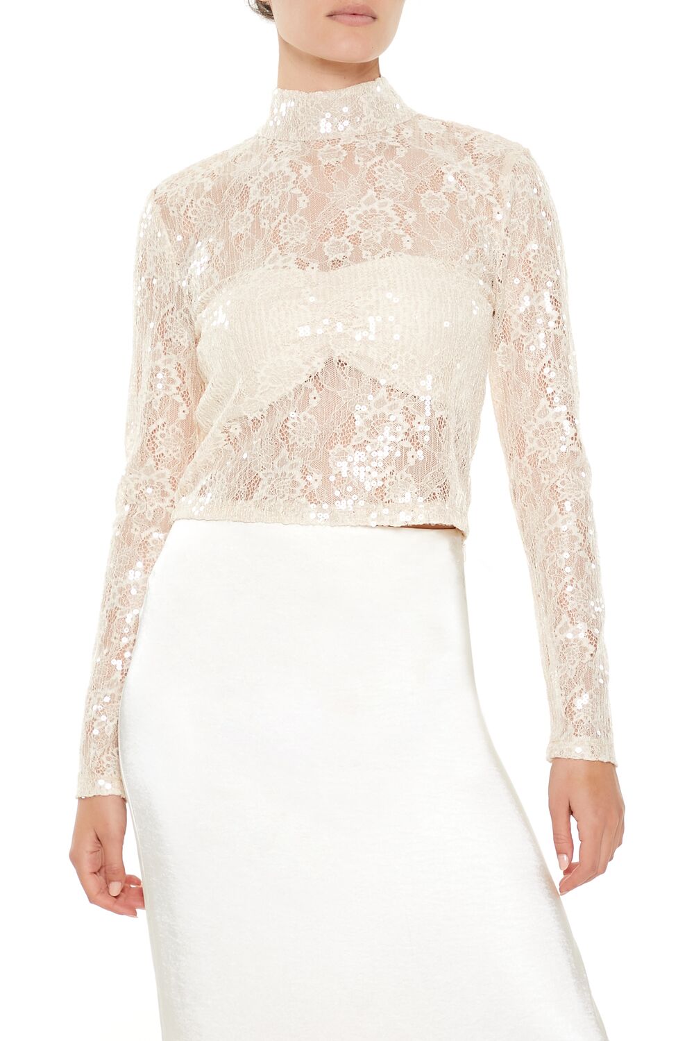  Forever 21 Sheer Lace Sequin Mock Neck Top - black - Bonton