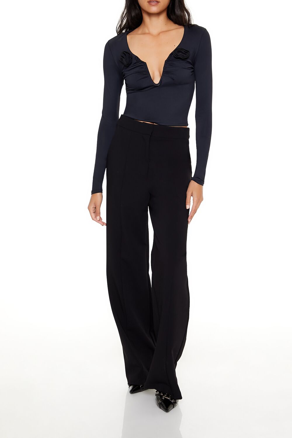  Forever 21 Rosette Long-Sleeve Crop Top - black - Bonton