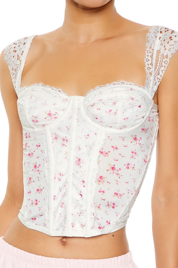  Forever 21 Floral Lingerie Corset Crop Top - white-multi - Bonton