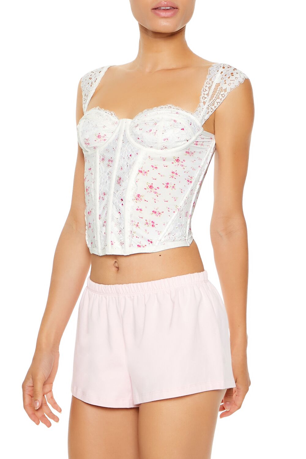  Forever 21 Floral Lingerie Corset Crop Top - white-multi - Bonton