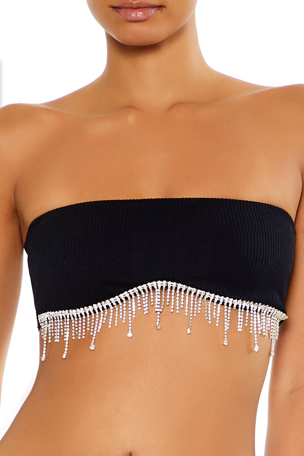  Forever 21 Seamless Rhinestone Fringe Bralette - black-silver - Bonton