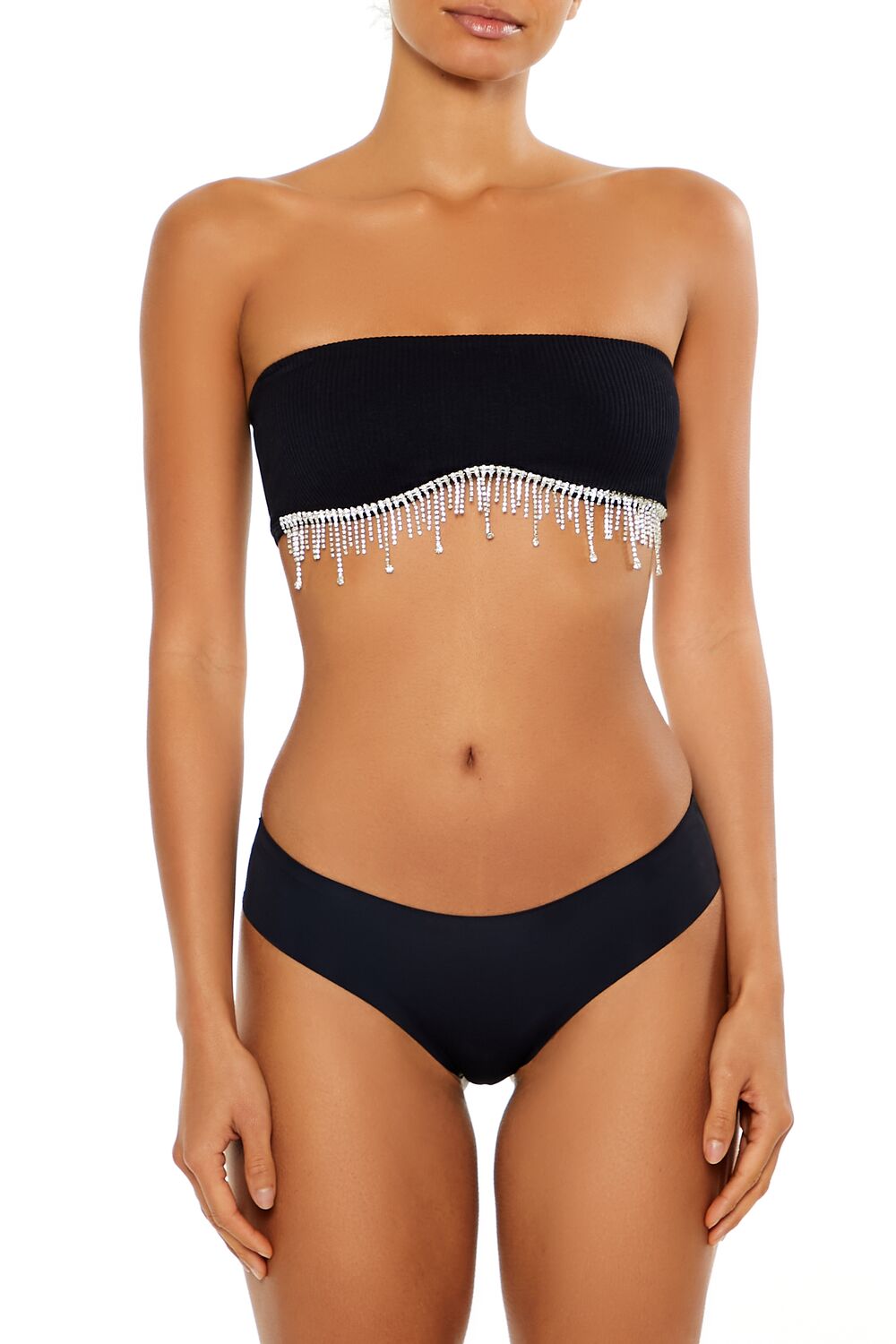  Forever 21 Seamless Rhinestone Fringe Bralette - black-silver - Bonton