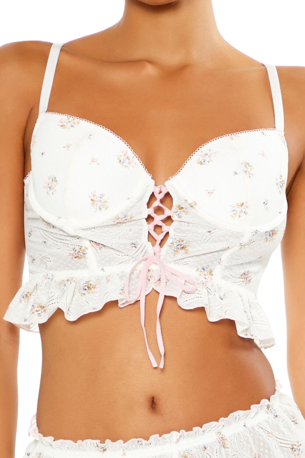  Forever 21 Floral Lace-Up Lingerie Corset Cami - white-multi - Bonton