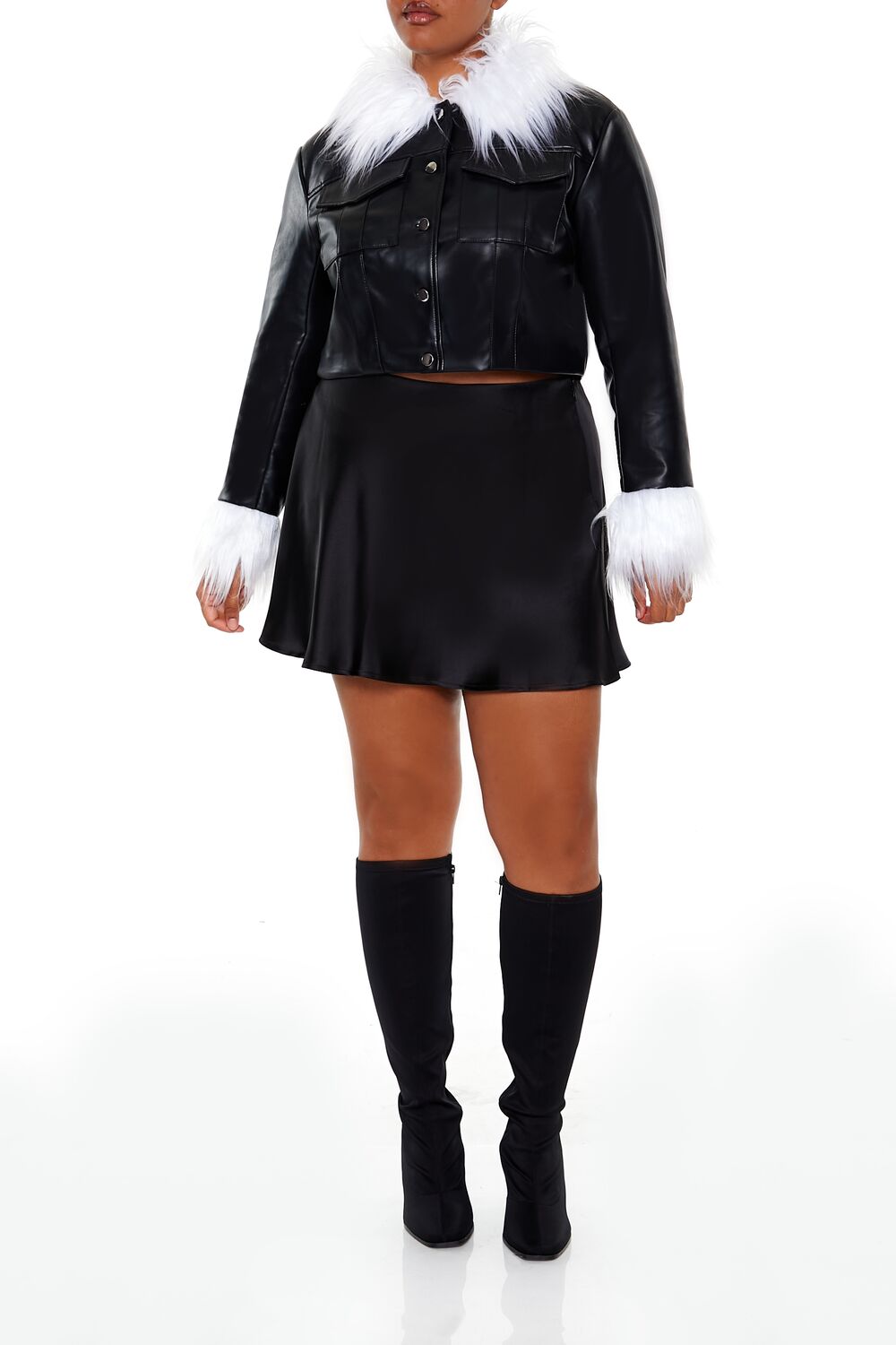  Forever 21 Plus Size Faux Fur-Trim Shacket - black-white - Bonton