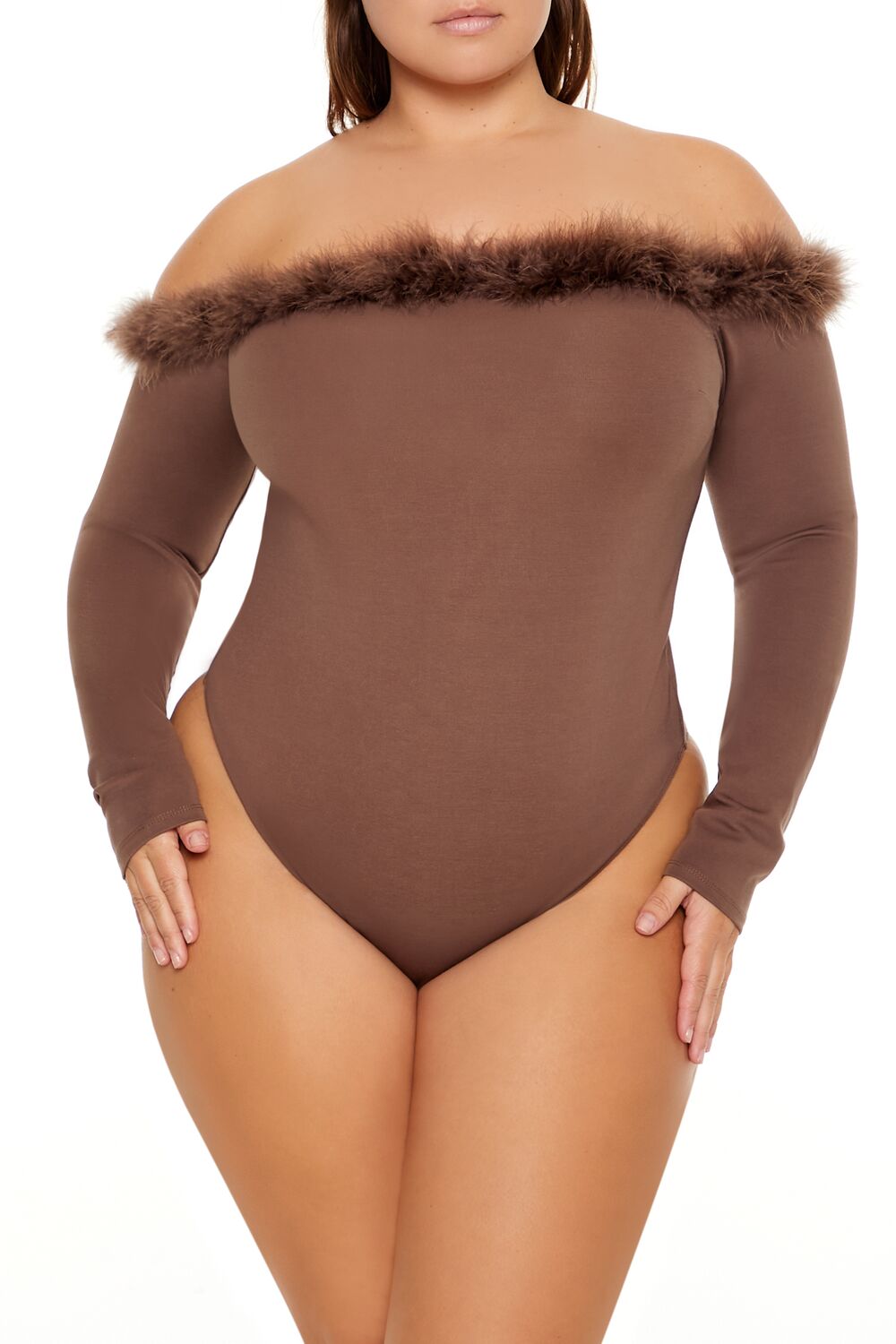  Forever 21 Plus Size Faux Fur-Trim Bodysuit - brown - Bonton