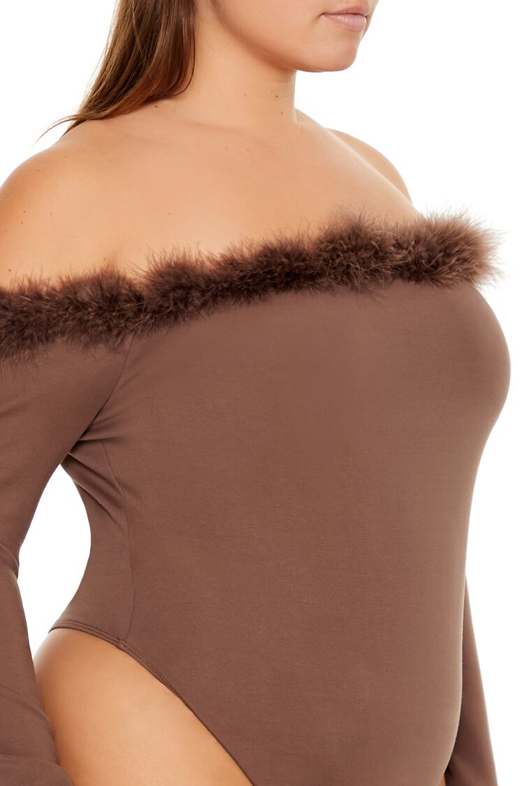  Forever 21 Plus Size Faux Fur-Trim Bodysuit - brown - Bonton