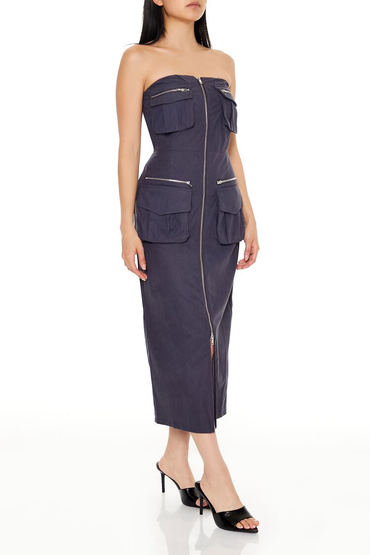  Forever 21 Strapless Zip-Up Cargo Midi Dress - charcoal-swatch - Bonton
