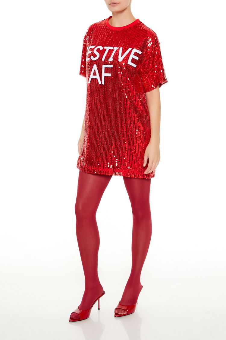  Forever 21 Sequin Festive AF T-Shirt Dress - red-white - Bonton