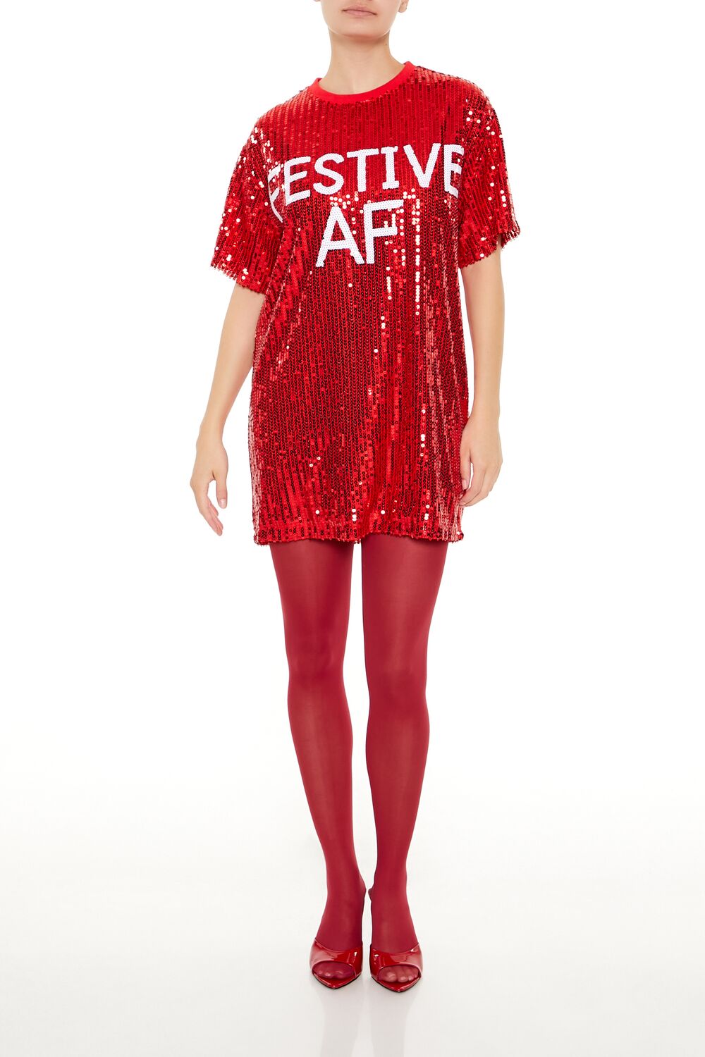  Forever 21 Sequin Festive AF T-Shirt Dress - red-white - Bonton