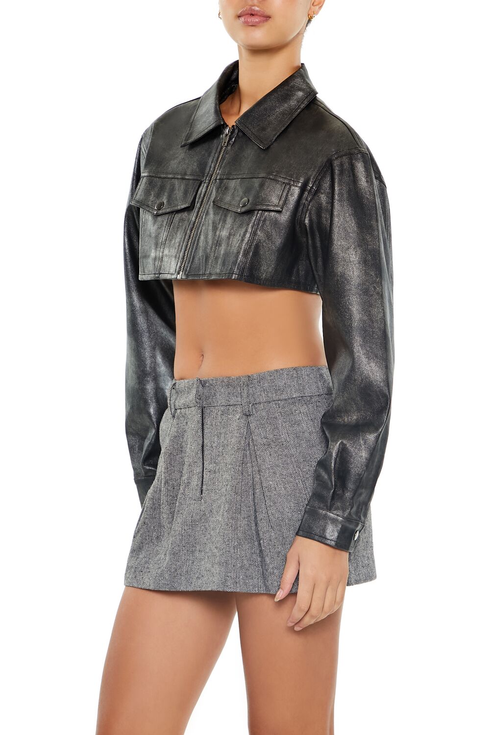  Forever 21 Cropped Metallic Moto Jacket - black - Bonton