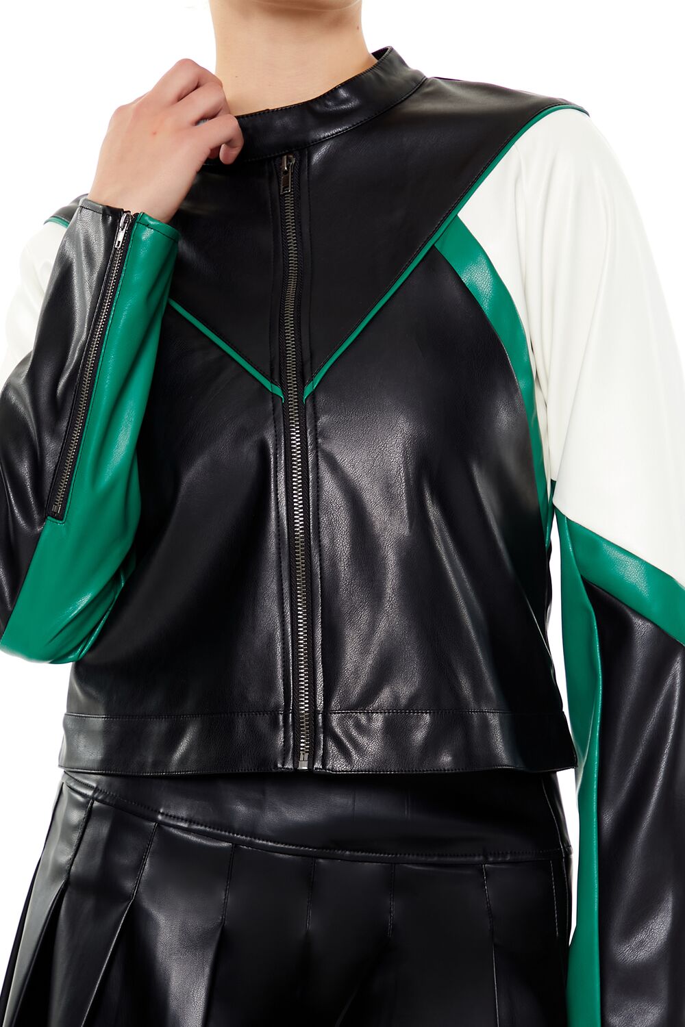  Forever 21 Colorblock Cropped Moto Jacket - black-green - Bonton