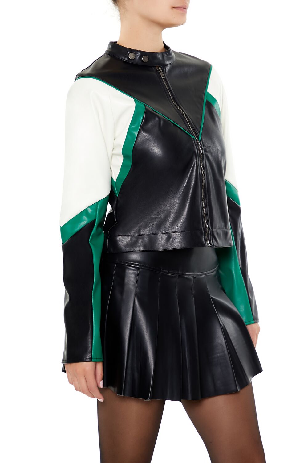 Forever 21 Colorblock Cropped Moto Jacket - black-green - Bonton