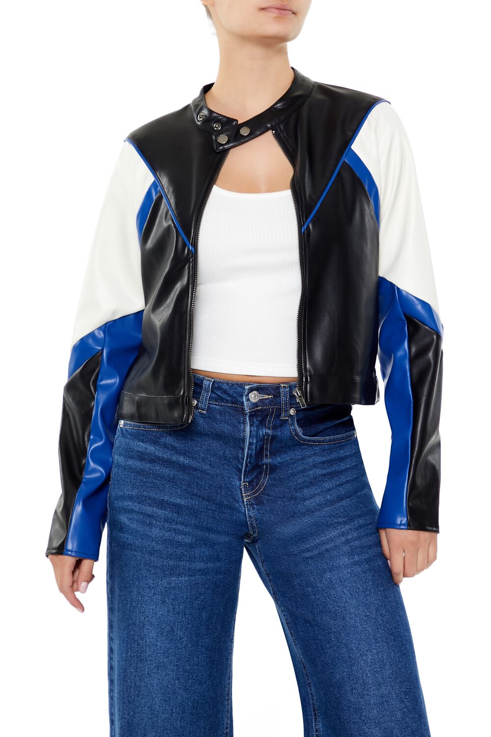  Forever 21 Colorblock Cropped Moto Jacket - black-green - Bonton