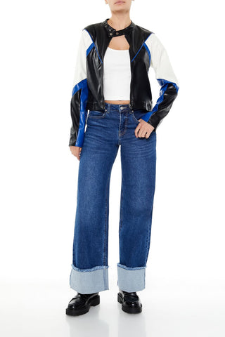 Colorblock Cropped Moto Jacket