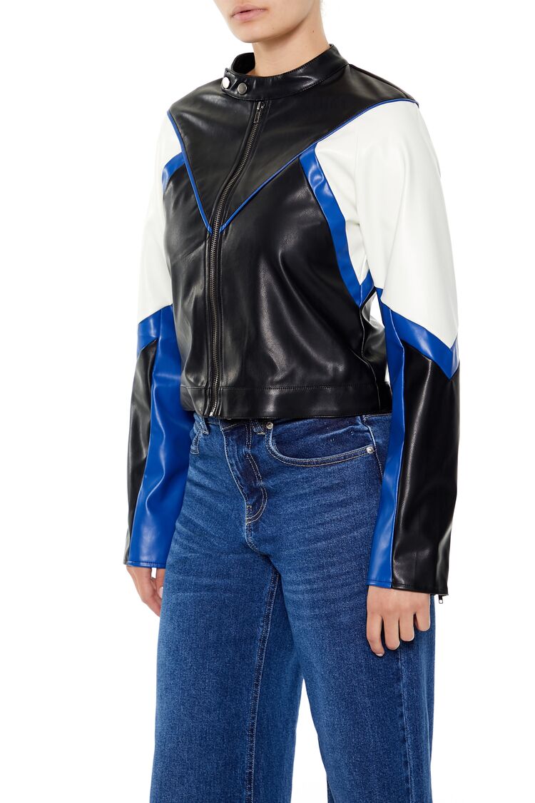  Forever 21 Colorblock Cropped Moto Jacket - black-green - Bonton