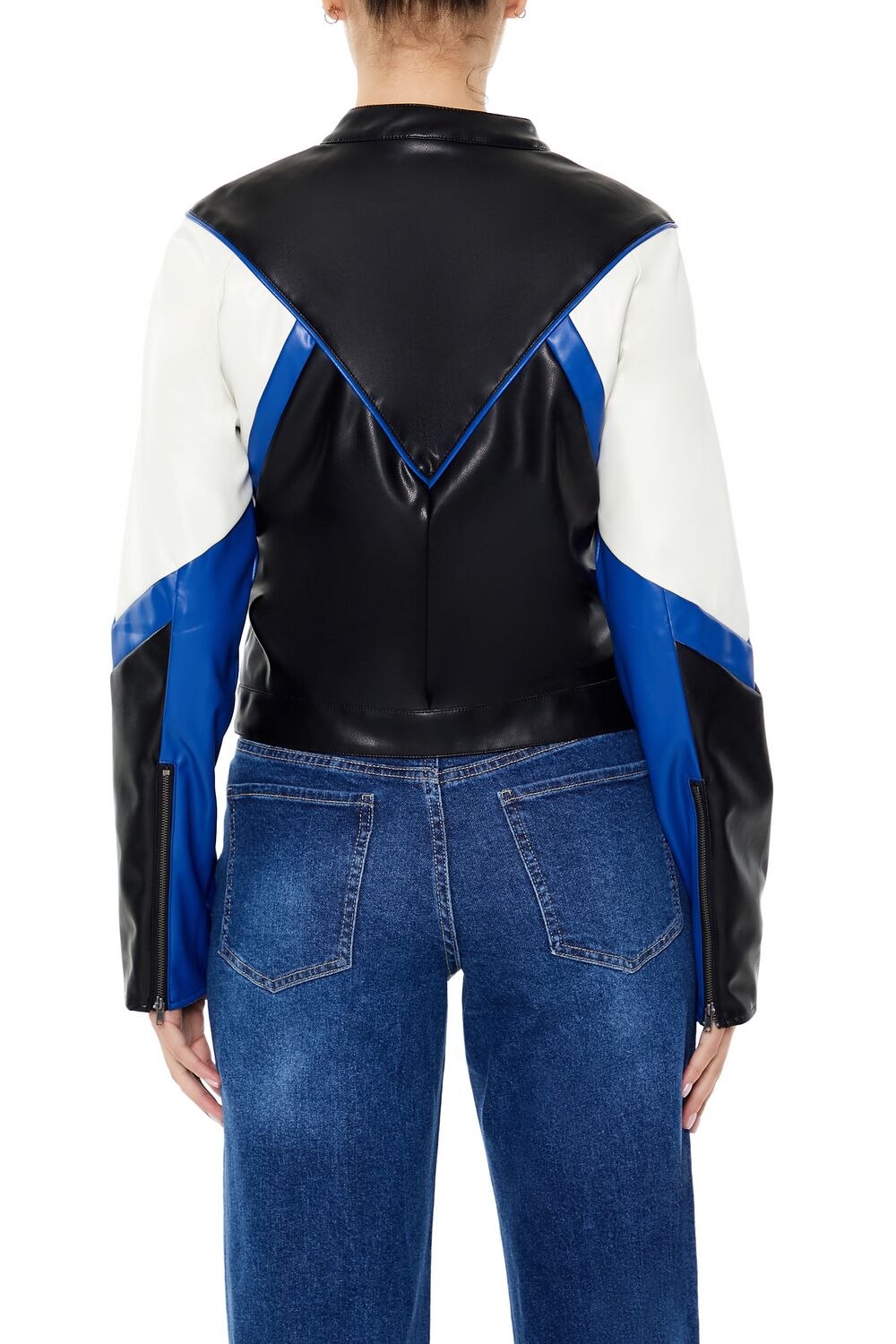  Forever 21 Colorblock Cropped Moto Jacket - black-green - Bonton