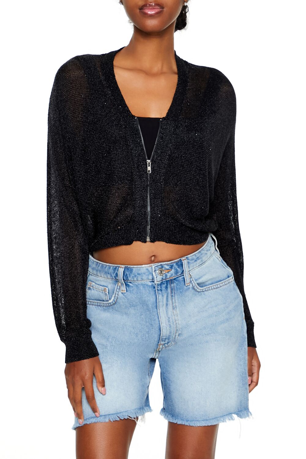  Forever 21 Glitter Knit Zip-Up Sweater - gunmetal - Bonton