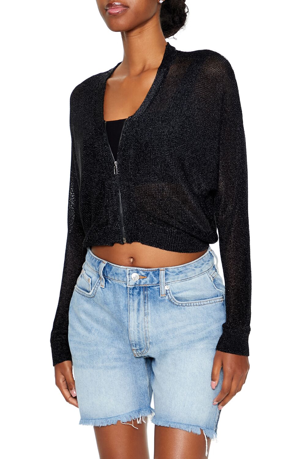  Forever 21 Glitter Knit Zip-Up Sweater - gunmetal - Bonton