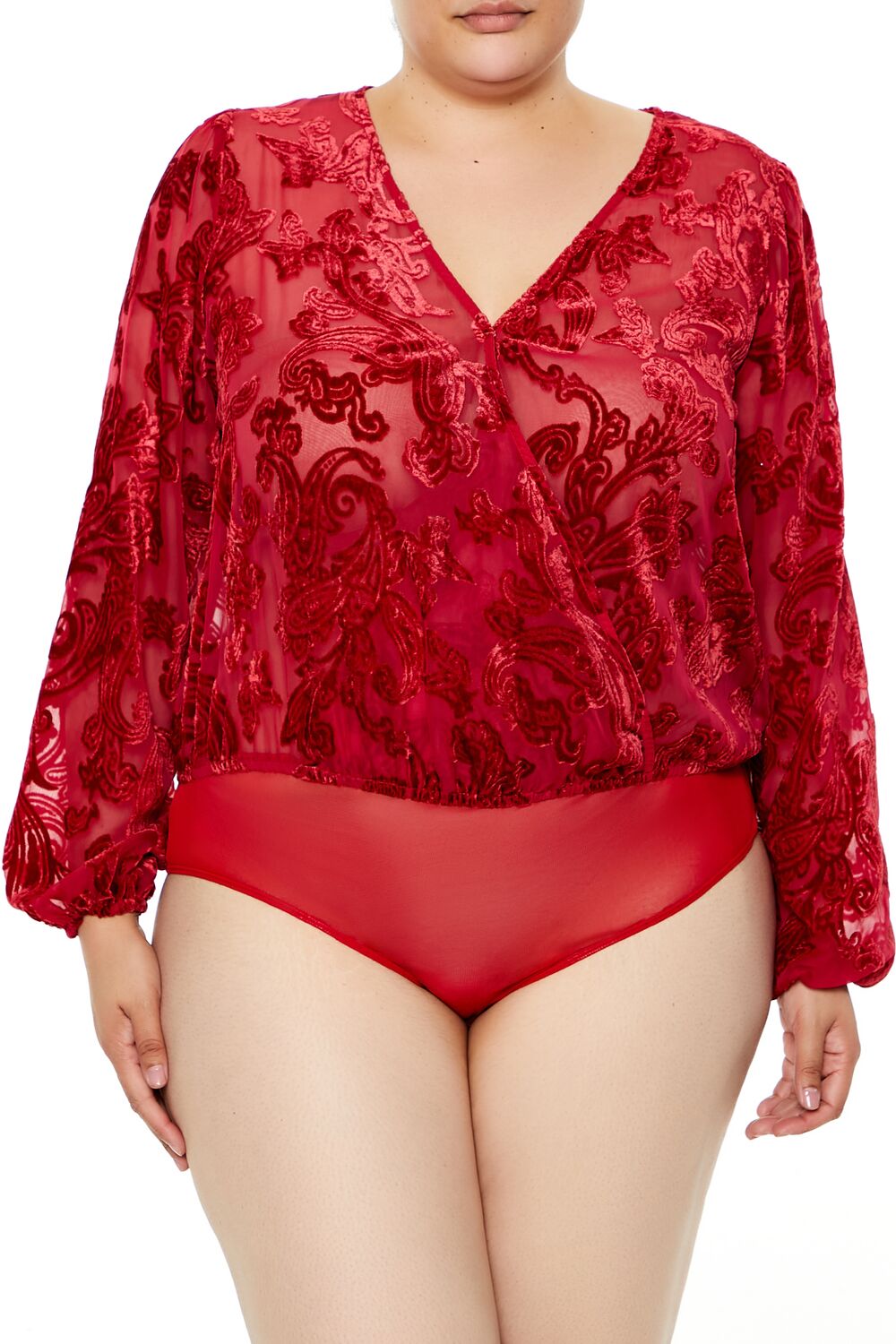  Forever 21 Plus Size Sheer Burnout Bodysuit - dark red - Bonton