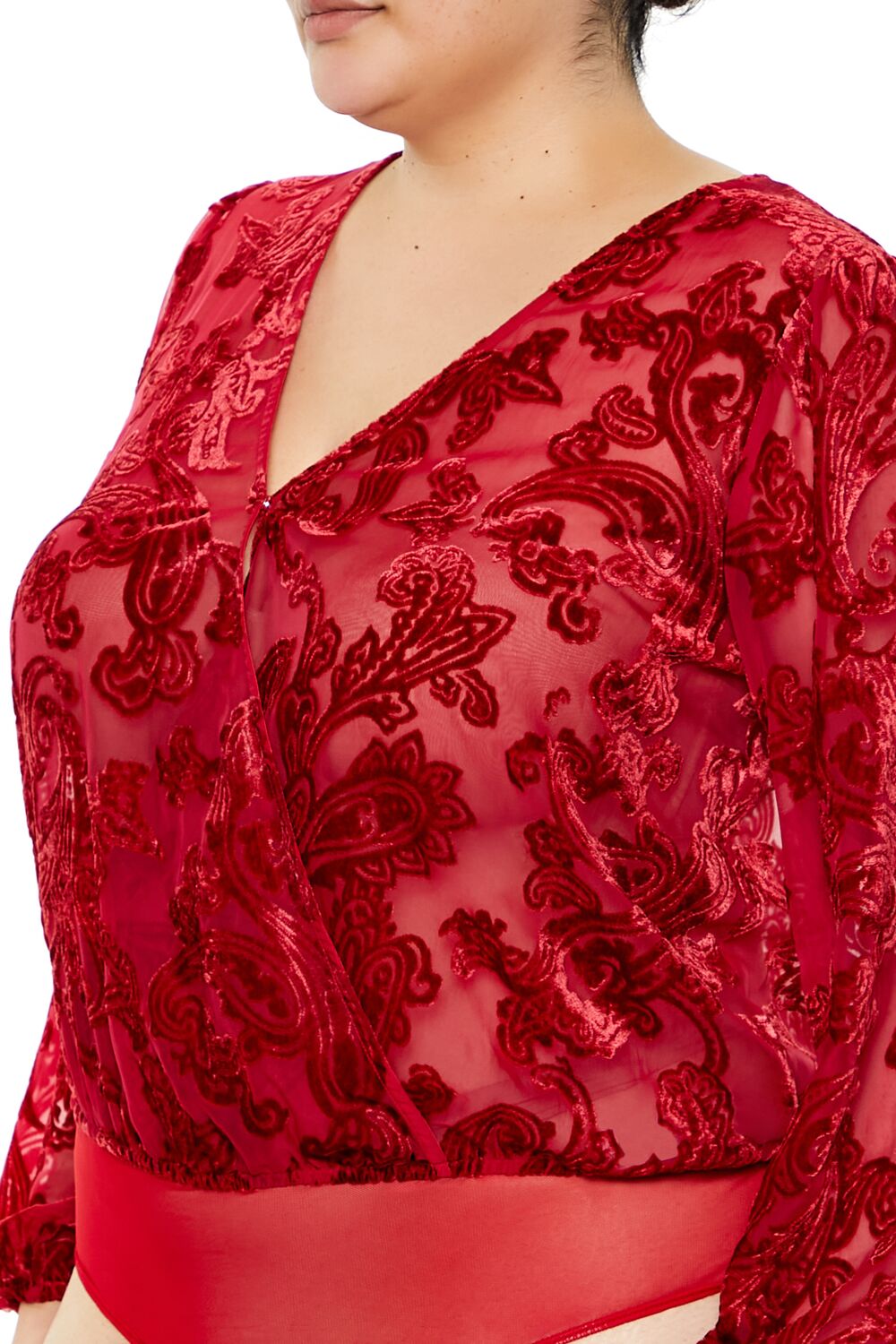  Forever 21 Plus Size Sheer Burnout Bodysuit - dark red - Bonton