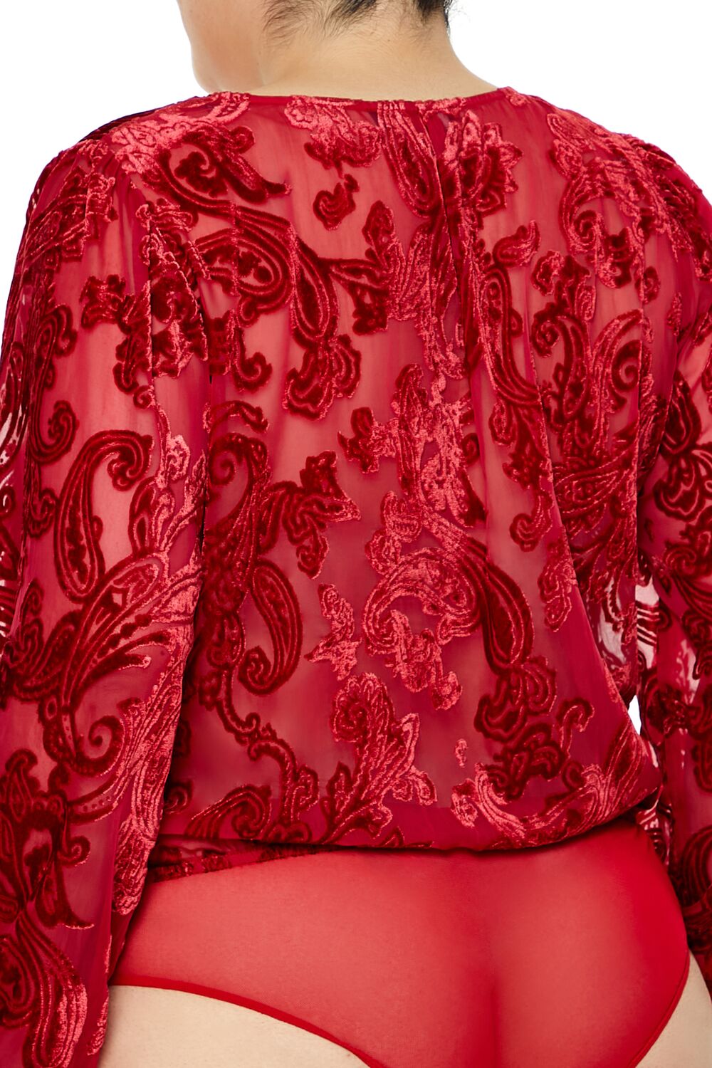 Forever 21 Plus Size Sheer Burnout Bodysuit - dark red - Bonton