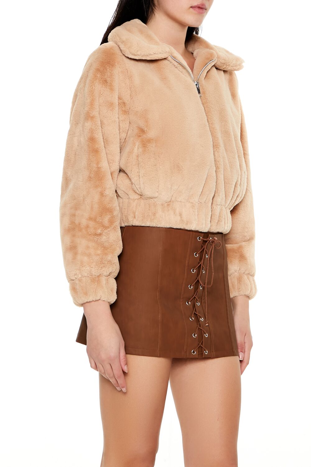  Forever 21 Plush Cropped Bomber Jacket - brown - Bonton