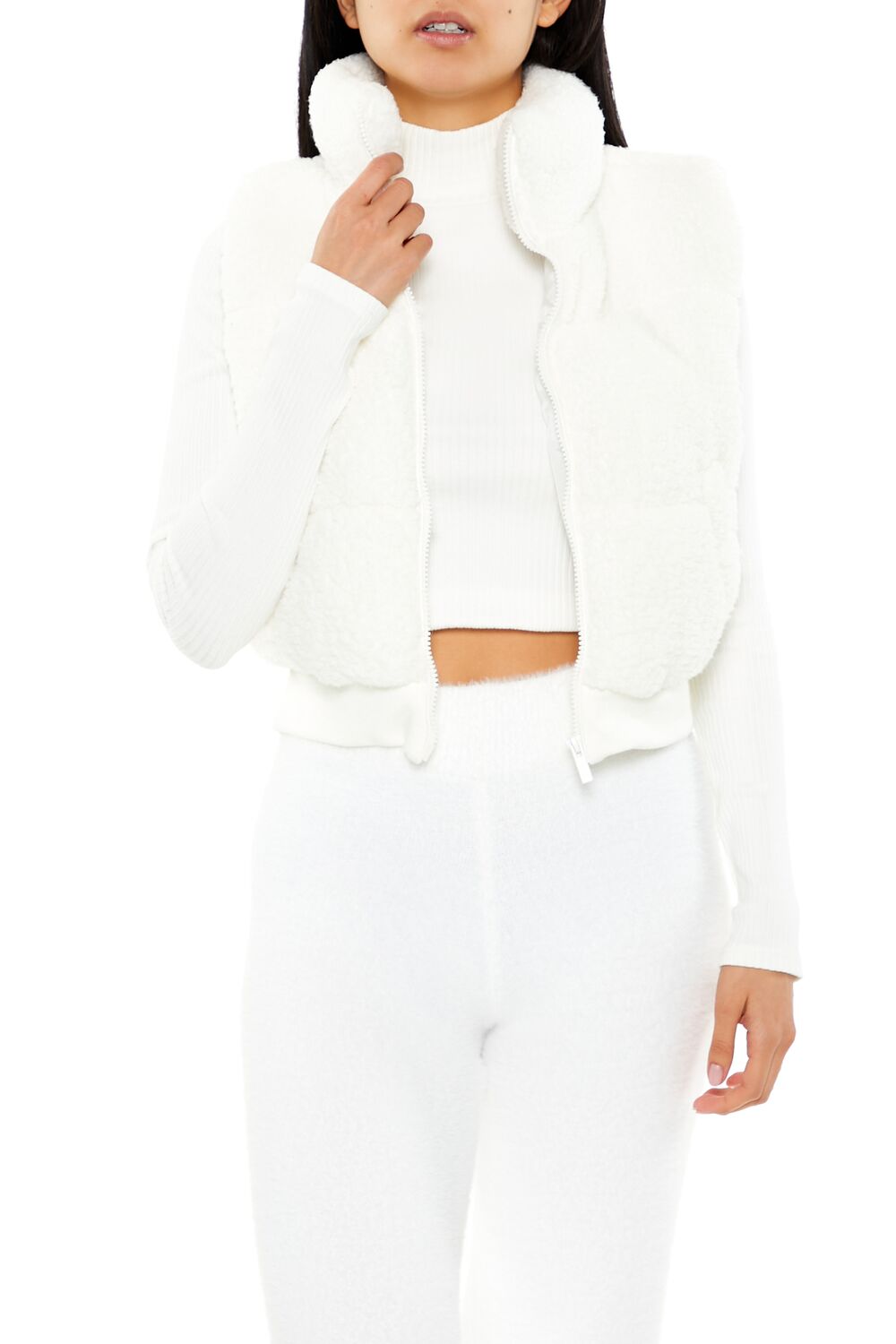  Forever 21 Faux Shearling Zip-Up Vest - black - Bonton