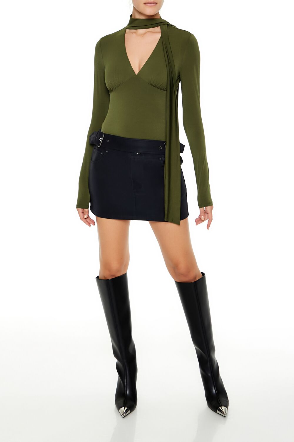 Forever 21 Plunging Scarf Bodysuit - olive - Bonton