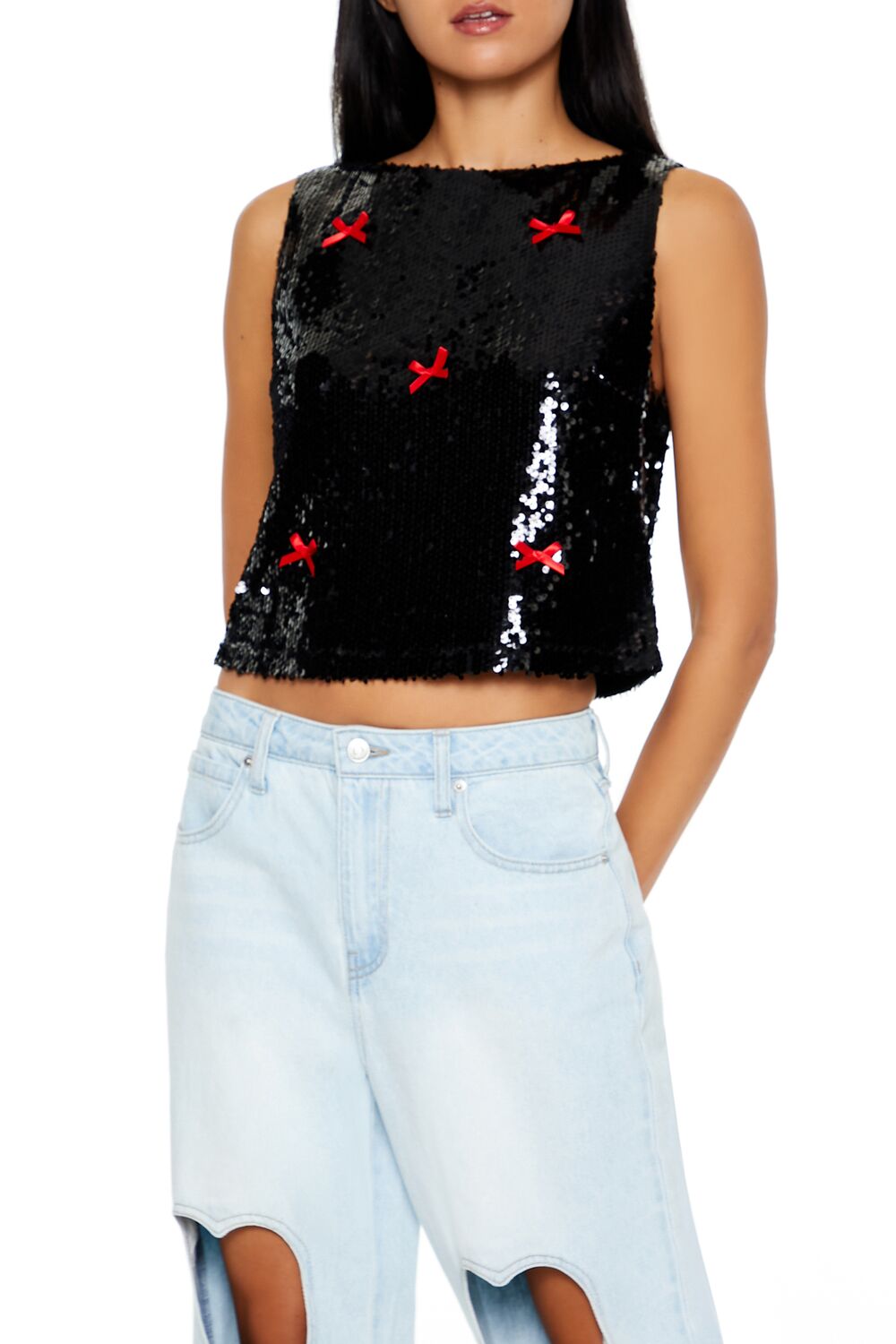  Forever 21 Sequin Bow Boxy Crop Top - black red - Bonton