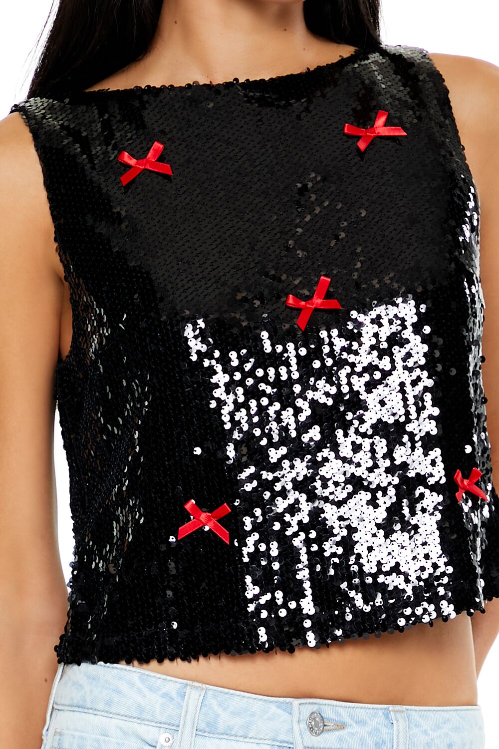  Forever 21 Sequin Bow Boxy Crop Top - black red - Bonton