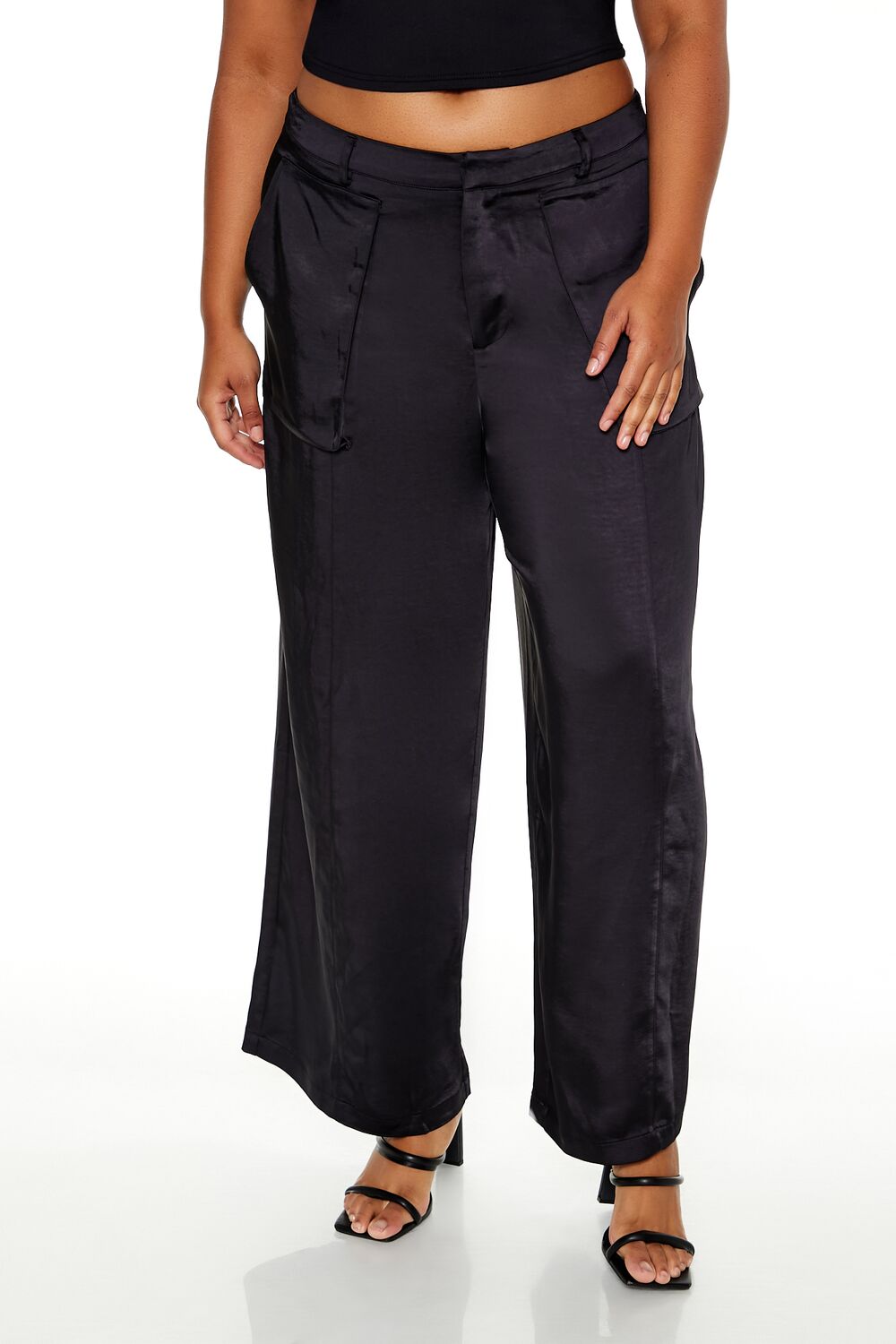  Forever 21 Plus Size Satin Cargo Pants - black - Bonton