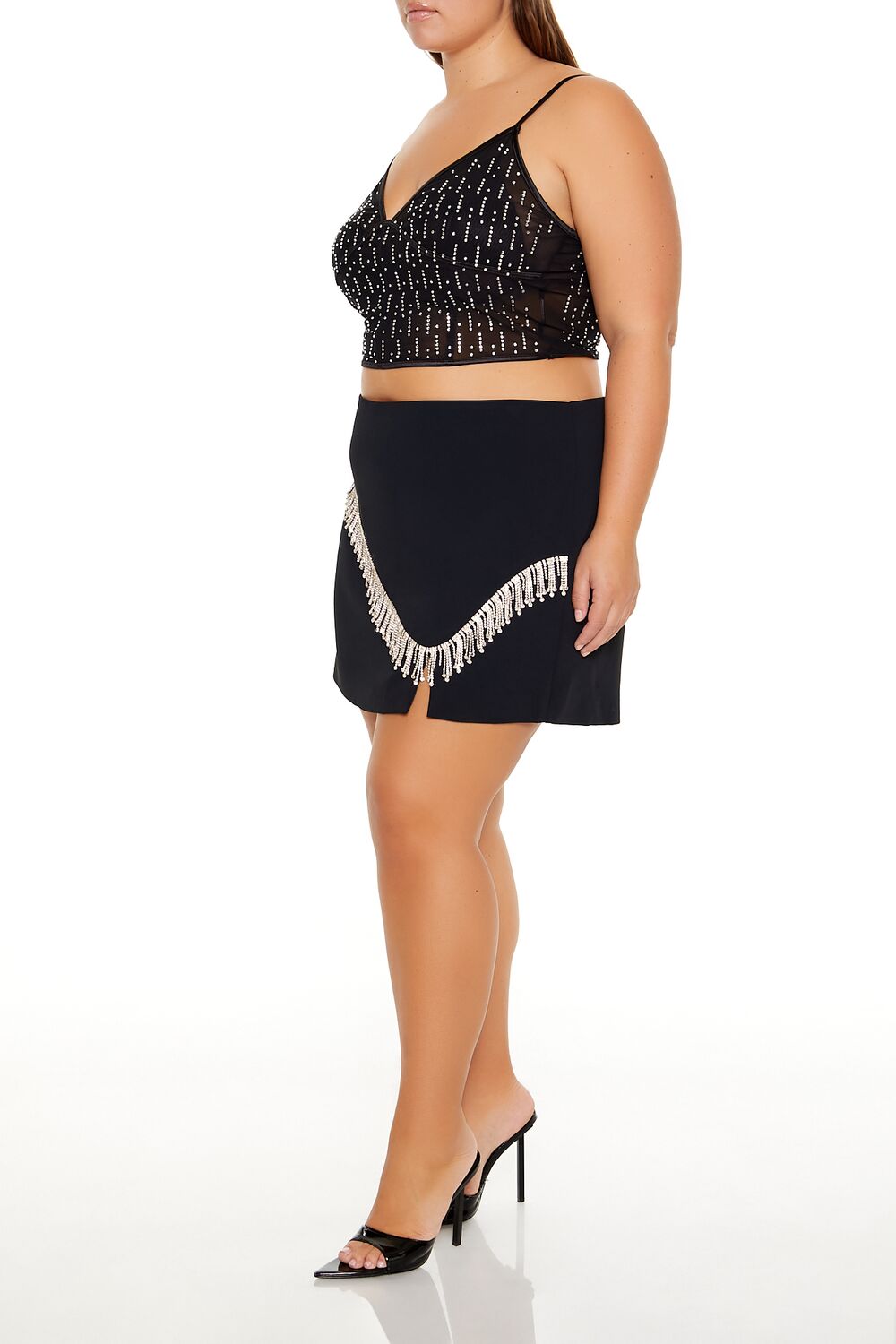  Forever 21 Plus Size Rhinestone-Fringe Mini Skirt - black - Bonton