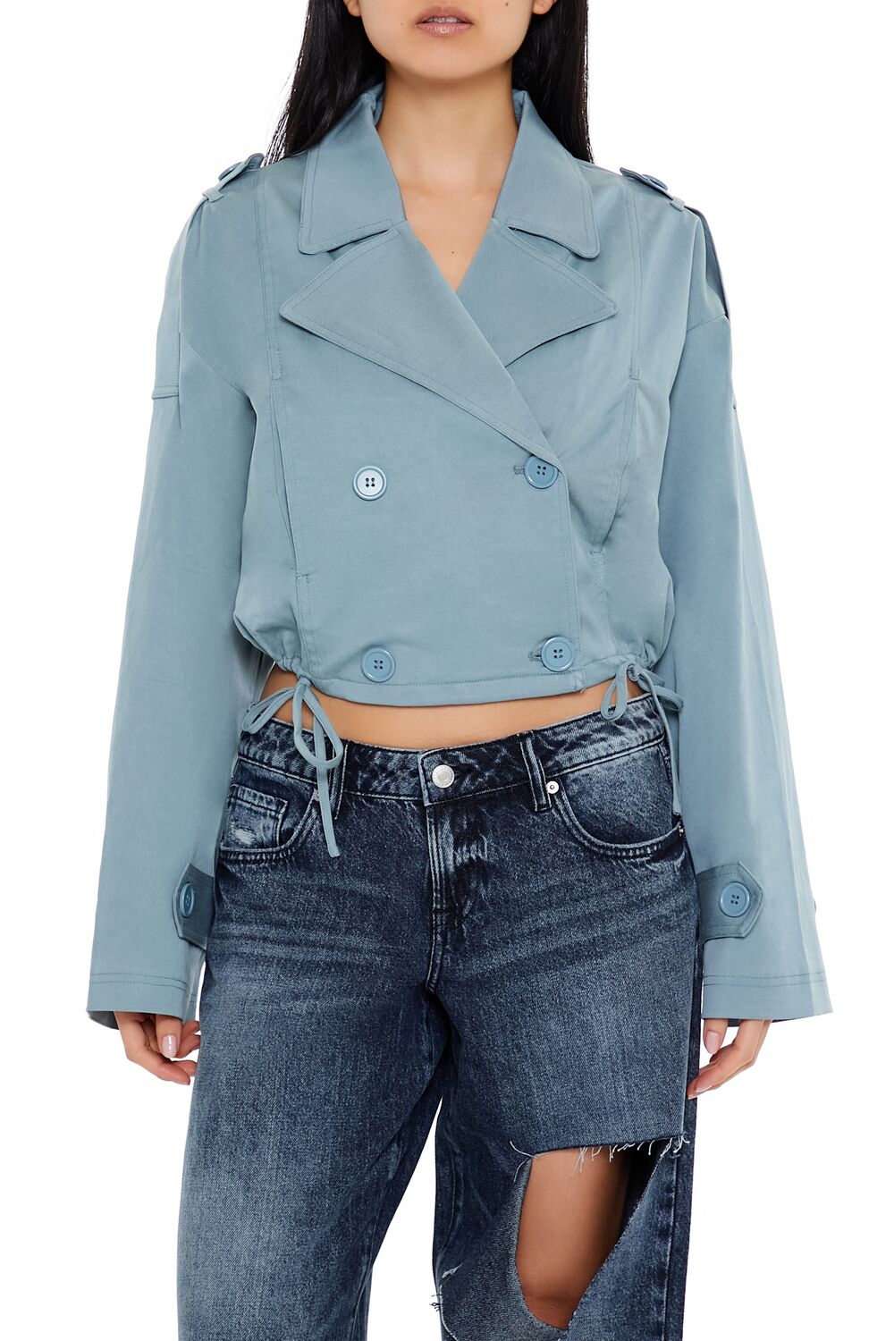  Forever 21 Double-Breasted Cropped Trench Coat - grey - Bonton