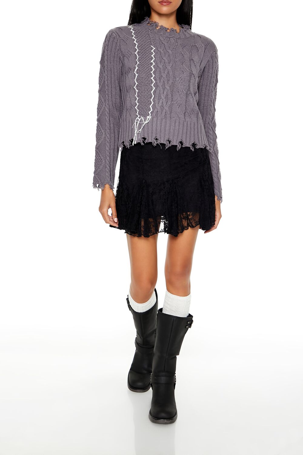  Forever 21 Distressed Cable Knit Sweater - grey multi - Bonton