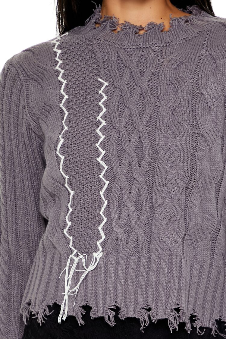  Forever 21 Distressed Cable Knit Sweater - grey multi - Bonton