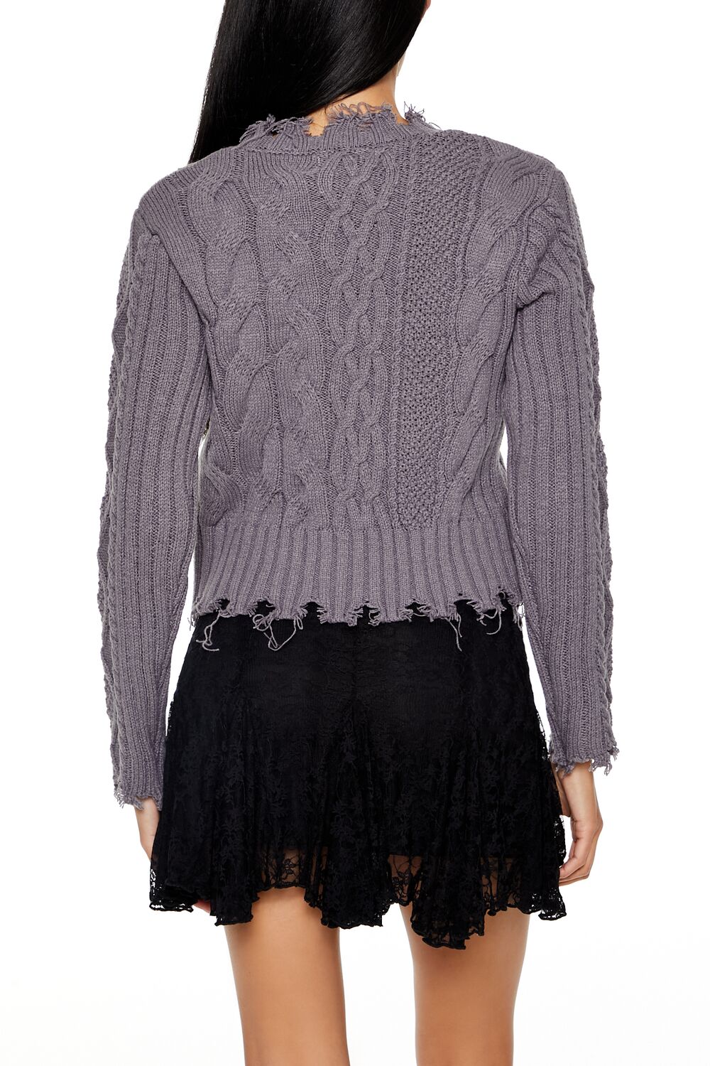  Forever 21 Distressed Cable Knit Sweater - grey multi - Bonton