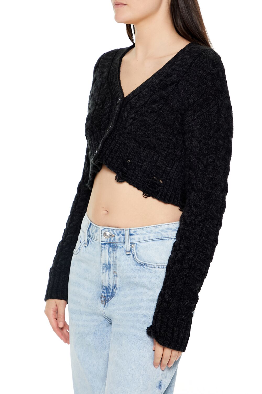  Forever 21 Cable Knit Cropped Cardigan Sweater - black - Bonton